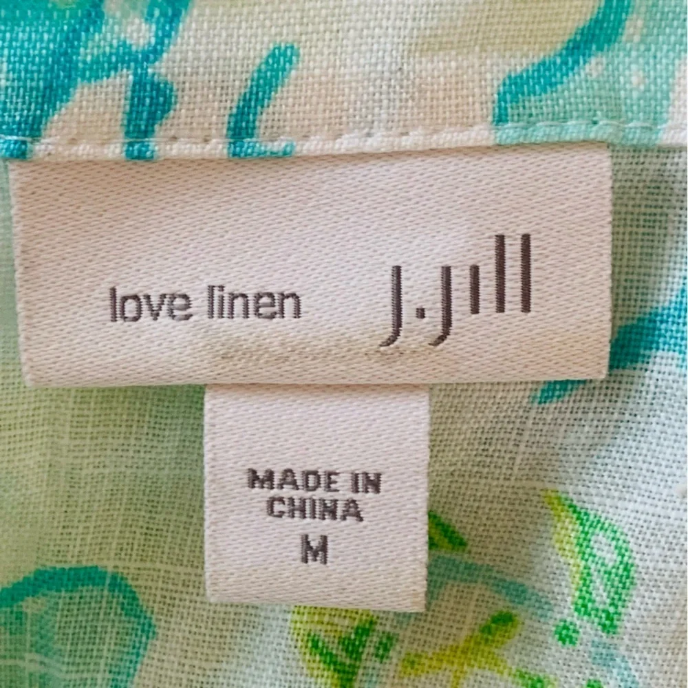 J Jill Love Linen Tunic Blouse Top Size M Blue Green Sea Turtle Print *flaw Read
